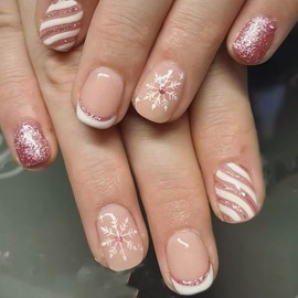 Christmas Press on Nails Pink Fake Nails French Tip False Nails with Glitter Designs White Snowflakes Glue on Nails Short Square Stick on Nails Full Cover Winter Acrylic Nails Glossy Artificial Nails