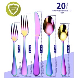 VIVANI Emilian 20 Piece Rainbow Silverware Set, Premium Stainless Steel Flatware Cutlery Set, Service for 4, Mirror Polished, Dishwasher Safe