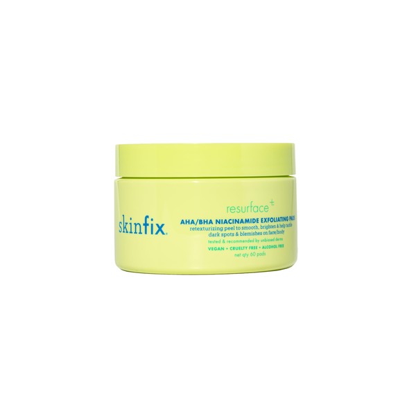 Skinfix Resurface+ AHA/BHA Niacinamide Exfoliating Pads: 2% Salicylic Acid (BHA) + AHAs & Niacinamide to Target Rough Texture, Spots, Fine Lines & Acne-Prone Skin, 60 Pads