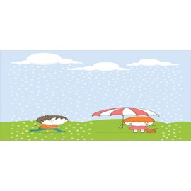 Ambesonne Cloud Pencil Pen Holder, Boy Running to Little Girl with an Umbrella in the Rain Cartoon Style Weather Scene, Printed Ceramic Pencil Pen Holder for Desk Office Accessory, Multicolor