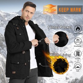 CHEXPEL Men's Thick Winter Jackets with Hood Fleece Lining Cotton Military Jackets Work Coats with Cargo Pockets Black S