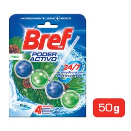 Bref WC Poder Activo Pino Canastilla limpiadora y aromatizante para inodoros, Explosión de fragancia, 4 Beneficios, 50g