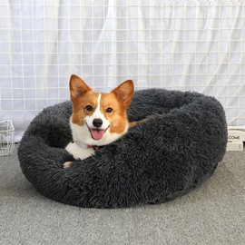 Cat Beds for Indoor Cats, Dog Bed Machine Washable, Fluffy Round Pet Bed Non-Slip, Calming Soft Plush Donut Cuddler Cushion Self Warming for 3Kg Small Dogs, Dark Grey