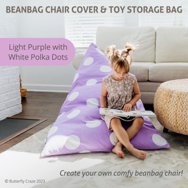 Butterfly Craze Bean Bag Chair Cover - Stuffed Animal Storage Seat - Kids Lounger & Toddler Chair - Washable Canvas & Triangular Bean Bag Cover - Extra Large, Purple Polka Dots, Cotton Canvas