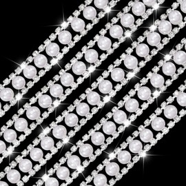 GLOBLELAND 1 Yard Pearl Rhinestone Trim Applique Diamond Inlaid Pearl Chain Banding Beaded Crystal Chain Lace for Sewing Crafts Wedding Dress Clothing Accessories DIY Decoration