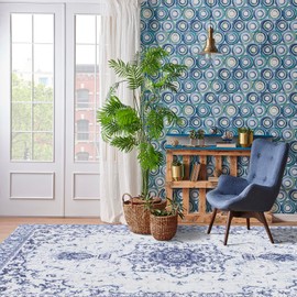 Sofrug Area Rugs 8x10 - Honeycomb Non Slip Living Room Rug Washable Blue Rug Soft Floral Foldable Rugs for Bedroom Nursery Room Kids Playroom