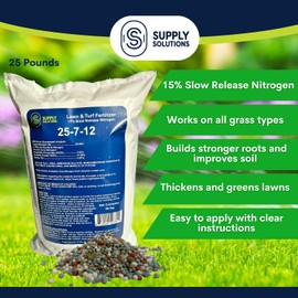 Supply Solutions 25-7-12 Lawn and Turf Fertilizer - 15% Slow Release Nitrogen Lawn Fertilizer for All Grass Types, Shrubs - Turf Builder Plant Food Covers 12,500 sq.ft (50lbs)