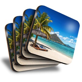 Destination Vinyl ltd Great Coasters (Set of 4) Square - Mauritius Beach Beach Tropical Drink Glossy Coasters/Tabletop Protection for Any Table Type #16660
