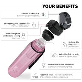 720°DGREE Water Bottle “uberBottle“ - 1.5 L crystalClear +Fruit-Infuser - BPA-Free Tritan, Leakproof, Reusable Drinking Bottle - Sports Bottle for Gym, Fitness, Hiking, Travel, School, Office