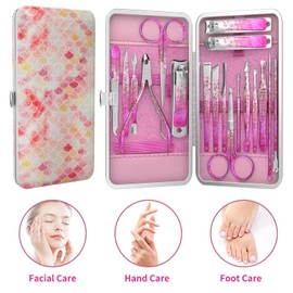 OFIDUS Nail Clippers Set Fingernail and Toenail Clipper Cutters, Professional Manicure Pedicure Kit 18Pcs, Nail Care Grooming Tools with Luxurious Travel Case (Diamond Rose)