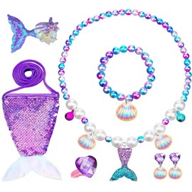 LINYUECH 7 Piece Mermaid Children's Jewellery Set Girls, Mermaid Fin Girls Bag, Necklaces, Earrings, Bracelets, Rings, Hairpin, for Party Dress Up Gift, Gift 3-8 Years Girls, Plastic, resin