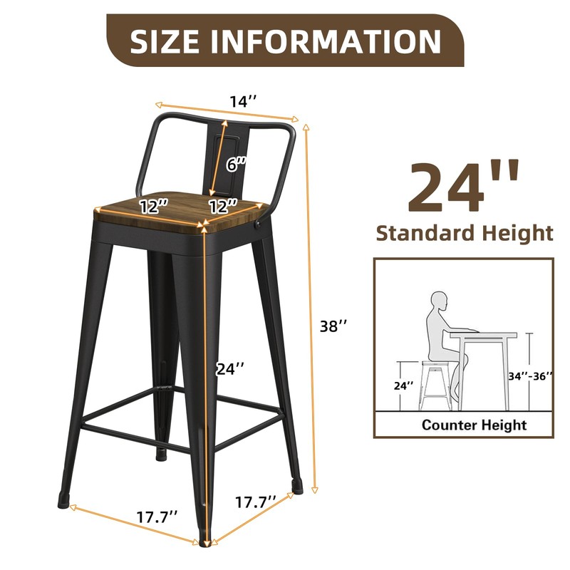 24 Inch Bar Stools Set of 4, Metal Stools for