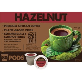 Ekocups Hazelnut Coffee Pods – Medium Roast, Compostable, Plant-Based & Freshness-Sealed – French Press-Quality Brew – K-Cup Brewer Compatible – 80ct