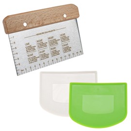 Casoter Professional Dough Scraper Set, 3-Piece, Stainless Steel with Wooden Handle and Measurement Scale and Flexible Bowl Scraper for Baking