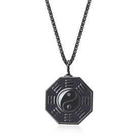 COAI Men's Black Stone Necklace Eight Diagrams Yin Yang Obsidian Necklace for Men, Stainless Steel Necklace