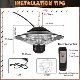 Glooglitter 1500w Ceiling Mounted Outdoor Heaters Electric Hanging Infrared Patio Heater with Remote Control, Dust Cover and Adjustable Chain, 3 Adjustable Modes for Garage, Gazebo, Balcony, Courtyard