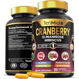Tenmido Cranberry Supplements - 7in1 with Vitamin C, D-Mannose, Hibiscus, Curcumin, Probiotic & Black Pepper - 90 Vegan & Non-GMO Capsules