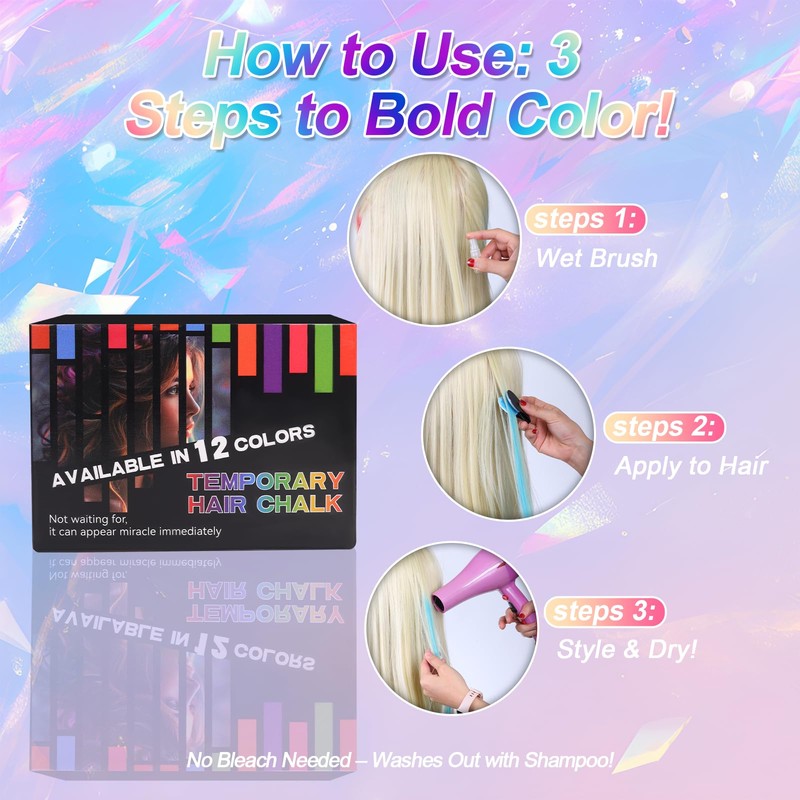 Haarkreide für Mädchen,Ultikare 12 Stück Haarfarbe Auswaschbare Haarkreide für Kinder