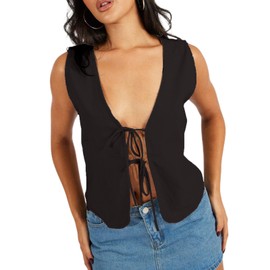 Tsultryofs Women's Vintage Bow Tie Front Vest Sleeveless Deep V Neck Tank Tops Y2K Summer Streetwear (Black, L)