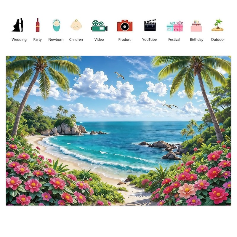Summer Hawaiian Beach Backdrop Tropical Backdrop 10x8ft
