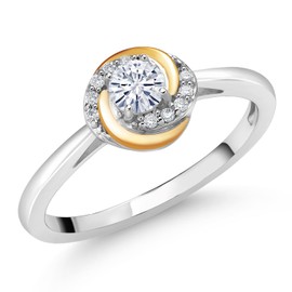 Gem Stone King 925 Silver and 10K Yellow Gold White Moissanite and White Lab Grown Diamond Solitaire Engagement Ring For Women | 0.30 Cttw | Round 4MM | Available In Size 5, 6, 7, 8, 9
