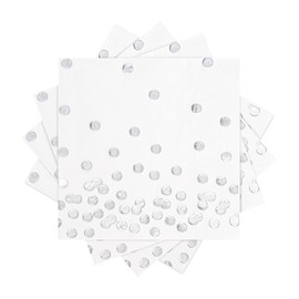 80 Pack of White Paper Cocktail Napkins with Gold Foil Polka Dot Confetti，Polka Dot Party Supplies(5 x 5 in，3-ply) (Silver)
