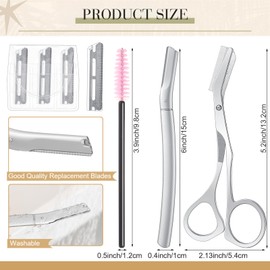 Lanties 2 Pcs Stainless Steel Eyebrow Trimmer Set 1 Eyebrow Trimming Scissors with Combs 1 Face Dermaplaning Tool with 3 Blades for Women and Men and Precision Cover Hair Eyebrow Razor Removal Tool