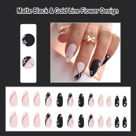ANDGING Matte Black Press on Nails Almond Short Medium fake on Nail for Women Gold Line Flower Designs Artificial Fake Stick on Nail Gel Manicure Acrylic False Nail for Wedding
