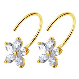 Dainty Crystal Flower Small Half Hoop Earrings Sterling Silver for Women Teen Girls Cute CZ Diamond Cartilage Huggie Hoops Cuff Stud Earring Nose Ring Hypoallergenic Christmas Gifts Jewelry (Gold)