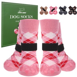 EXPAWLORER Dog Socks to Prevent Licking Paws,4 Pcs Double Sided Anti Slip Dog Socks with Grippers for Hardwood Floors,Dog Shoes Booties for Small Medium Large Senior Dogs,British Style,Pink S