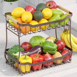 Sakugi Fruit Basket - 2 Tier Fruit Basket for Kitchen Counter, Detachable Fruit Vegetable Basket with Banana Hanger, Metal Countertop Fruit Stand with Wooden Handle, Brown, 7.3" D x 11.2" W x 10.3" H