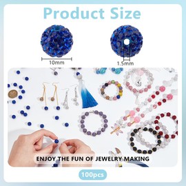 PH PandaHall About 100pcs 10mm Blue Rhinestone Beads Blue Polymer Clay Crystal Bead Pave Disco Ball Clay Beads Round Diamond Bead for Necklace Bracelet Jewelry Making Party Decoration