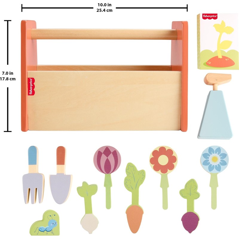 Fisher-Price Wood Pretend Play Toy Tiny Garden Caddy, 12-Piece Set