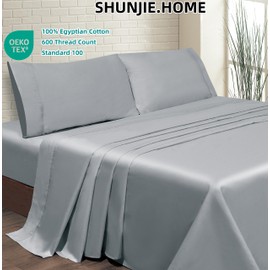 Shunjie.Home Bed Sheets Set 4 Pieces, 600 TC 100% Egyptian Cotton Bed Sheets, Breathable, Soft & Silky Sateen Weave Fits Mattress 8" Up to 16" Deep Pocket (Gray, Twin XL)