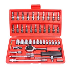 QUNNIE Socket Ratchet Wrench Set, 46 piece 1/4-inch drive includes bit socket set and extension rod, mechanical tool kit, metric, with storage case, for household and car repair
