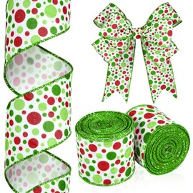 Hanaive 20 Yards Christmas Polka Dot Ribbon Xmas Wired Ribbon Christmas Tree Ribbons Decoration Green Red Polka Dot Printed Christmas Ribbons DIY Decorative for Wreaths Gifts Wrapping (2 Inch)