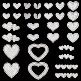 BEUNITONE 30 Pcs Rhinestone Sew On Patches Heart Glue On Patches White Pearl Glitter 15 Styles