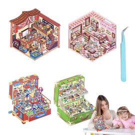 4 Sets DIY 3D House Stickers, 3D Sticker Scene, 3D Miniature Scene Stickers with Tweezer, Funny DIY Self-Help Scenes Stickers for Relief Stress
