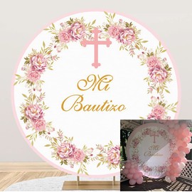 Laeacco Baby Baptism Round Backdrop Cover 6.5x6.5ft Polyester Mi Bautizo Photography Backdrop Pink Floral Flowers Cross Girls First Holy Communion Baby Shower Party Decoration Photo Studio Shoot Props