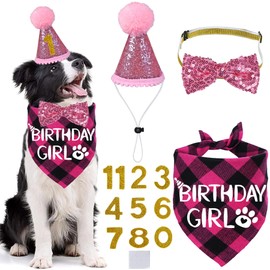 STMK Dog Birthday Party Supplies, Multi Sizes Dog Birthday Hat Dog Birthday Bandana Girl Bow Tie Birthday Numbers for Medium Large Dogs Pets Birthday Outfits (Pink, Large)