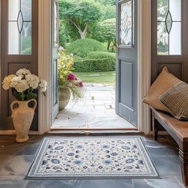 EVERGRACE Area Rugs for Entryway 2x3, Boho Floral Faux Wool Indoor Outdoor Small Rugs, Washable Rugs for Bedroom Bathroom Laundry Doormat, Low Pile Floor Mat Carpet for Home Decor, Porcelain Blue