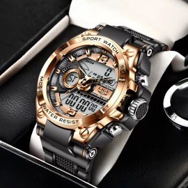 Lige Men's Luxury Watch Quartz Digital Luminous Date 5ATM Waterproof Sport Wristwatch - Black Gold