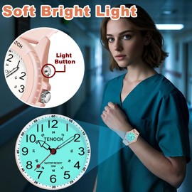 TENOCK Waterproof Nurse Watch for Medical Professionals Students Women Men, Night Light, 12/24 Hour Military Time Easy to Read Dial, Second Hand Watch for Nursing Day Gifts (Pink)