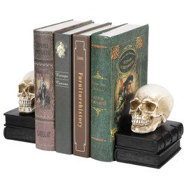 MyGift Juego de 1 par de Sujetalibros con calaveras apiladas en libros; tienen acabado vintage en color negro, hechos de resina que combinan con decoraciones para halloween,