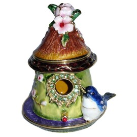 Bejeweled Bluebird on Pink Roses Birdhouse Enamel Trinket Box with Austrian Crystals
