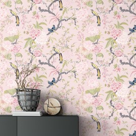 Drydiet Chinoiserie Peel and Stick Wallpaper Removable Self Adhesive Wallpaper Floral Birds Contact Jacobean Vintage Contact Paper for Bedroom(15.75" X 118",A,Blush)