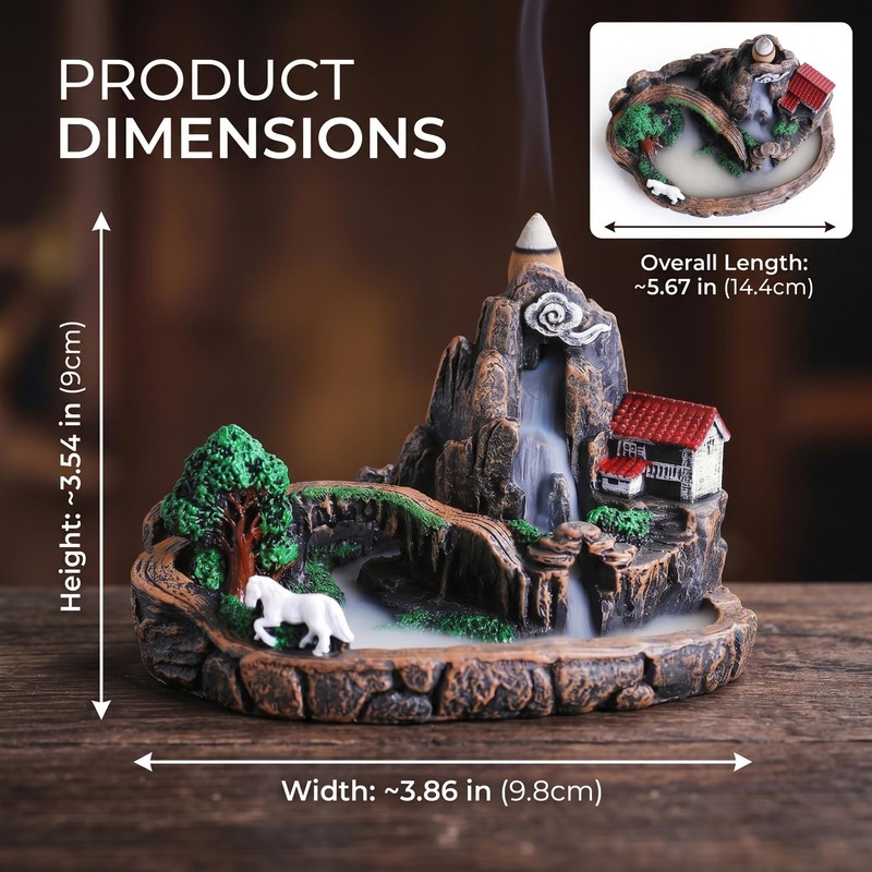 Mountain Waterfall Incense Burner, Resin Backflow Incense Holder with 60
