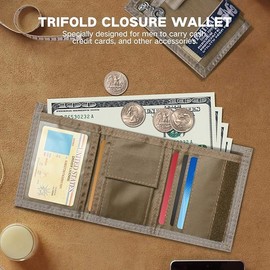 JEMINAL Trifold Wallet for Men Canvas Outdoor Sports Keychain Wallet with Multiple Card Slots and ID Window Khaki