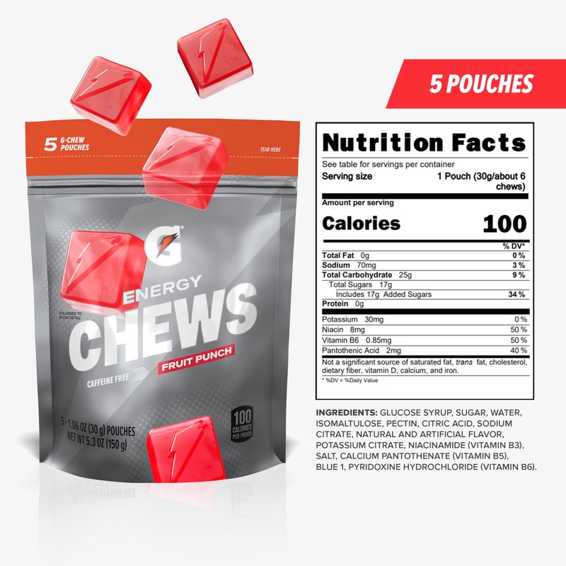 Gatorade Energy Chews, Fruit Punch, Caffeine Free, B12,100 Calorie Pouches,