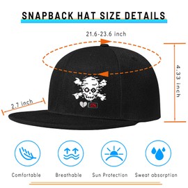 Snapback Hats for Men Skull Skeleton Hat Mens Flat Bill Hats Black Flat Brim Fitted Hat for Men Baseball Cap Adjustable Snap Back Cool Hip Hop Trucker Caps Women Gifts Skateboard Accessories